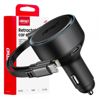 [Retractable car charger C cable + lightning cable + USB C port 12/24V 60W AMIO-04370]