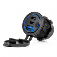 [Waterproof Phone Charger with Switch BLUE LED Backlight USB + 2xUSB C QC3.0 12/24V AMIO-04596]