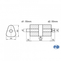 [Univerzálny trojuholníkový nerezový tlmič s prechodom + výstupna rúra - Obvod 725mm - UNI-K72542055s]